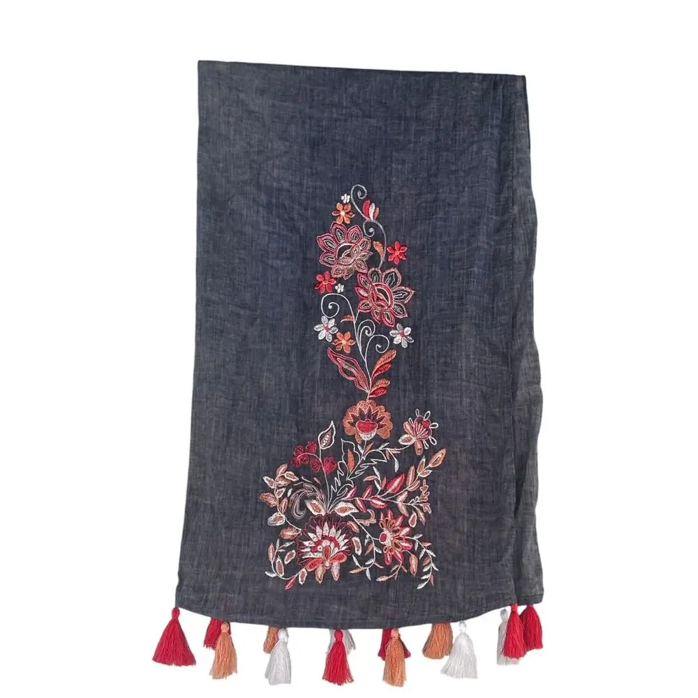 Chicos Embroidered Gray Scarf With Tassels Lightweight Boho Fairy Forrest Preppy